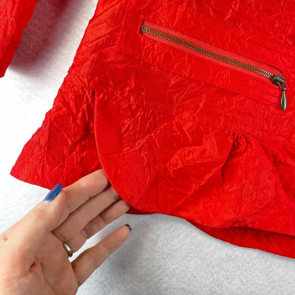 CHICOS Womens L Red Crinkle Jacket Button Up Zip Pockets Lightweight 3/4 Sleeves - Picture 6 of 11